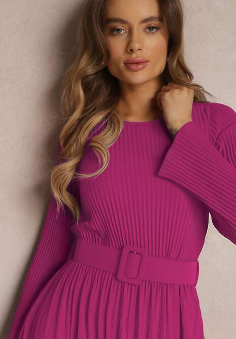 Ciemnofioletowa Sukienka Plisowana z Paskiem Phile