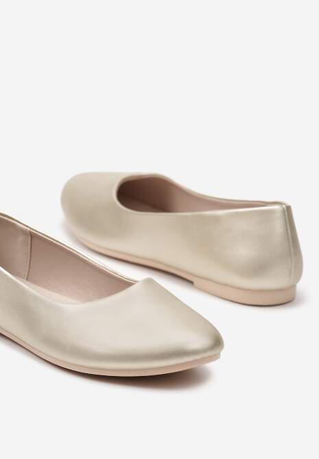 Złote Płaskie Balerinki z Imitacji Skóry Wsuwane z Okrągłym Noskiem  Jemenna