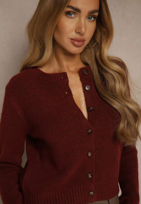 Bordowy Prosty Kardigan z Wełną z Okrągłym Dekoltem Reianvela