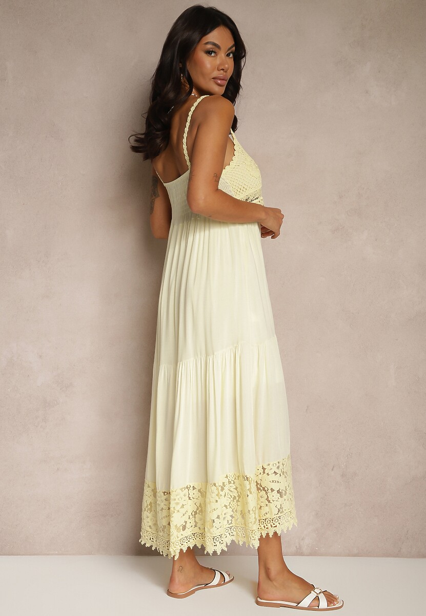 Żółta Rozkloszowana Sukienka z Wiskozy i Bawełny z Koronką na Cienkich Ramiączkach Filaniela