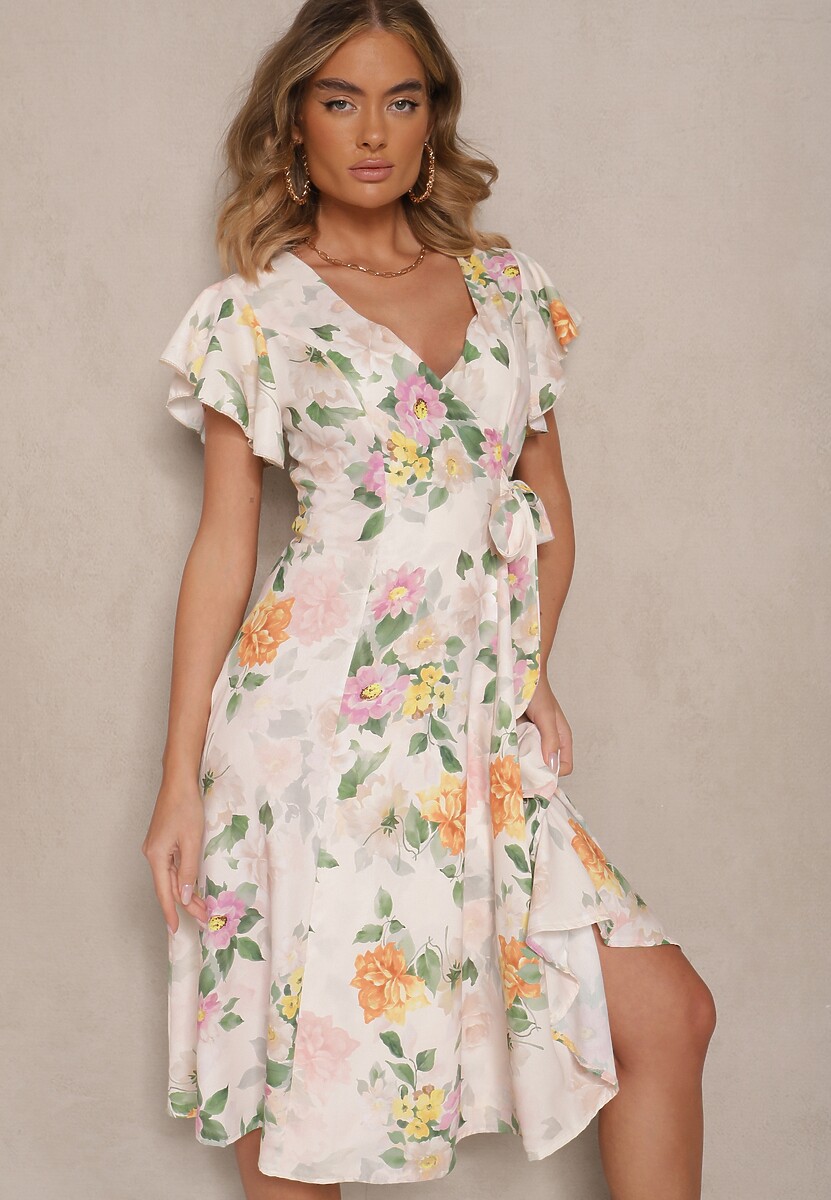 Beżowa Kopertowa Sukienka w Kwiaty Atesalia