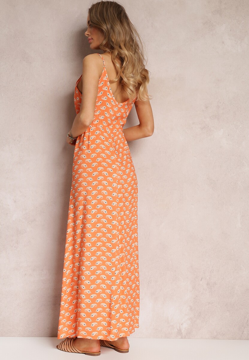Pomarańczowa Sukienka Maxi na Ramiączkach z Wiskozy Satha