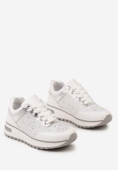 Białe Sznurowane Sneakersy z Ekoskóry z Cyrkoniami na Grubej Podeszwie Arpite