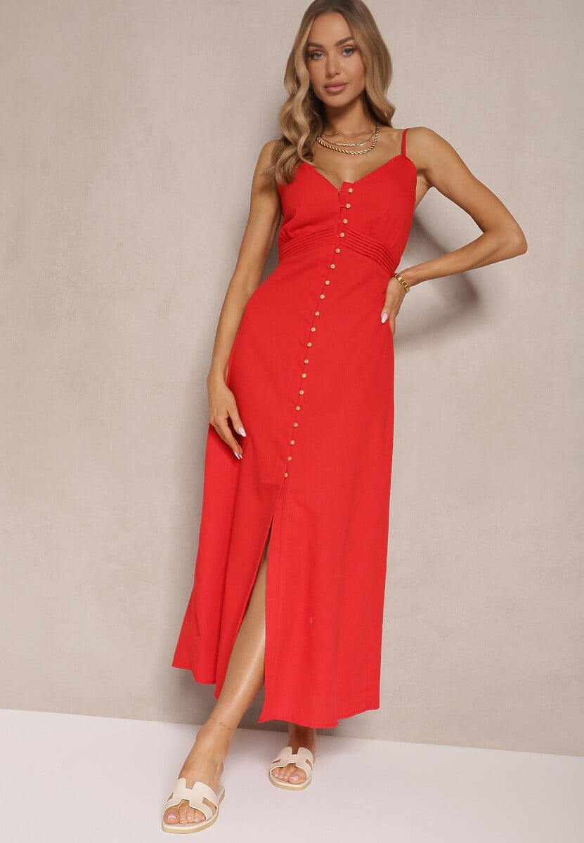 Czerwona Rozkloszowana Sukienka z Bawełny z Guzikami i Regulowanymi Ramiączkami Lorbia