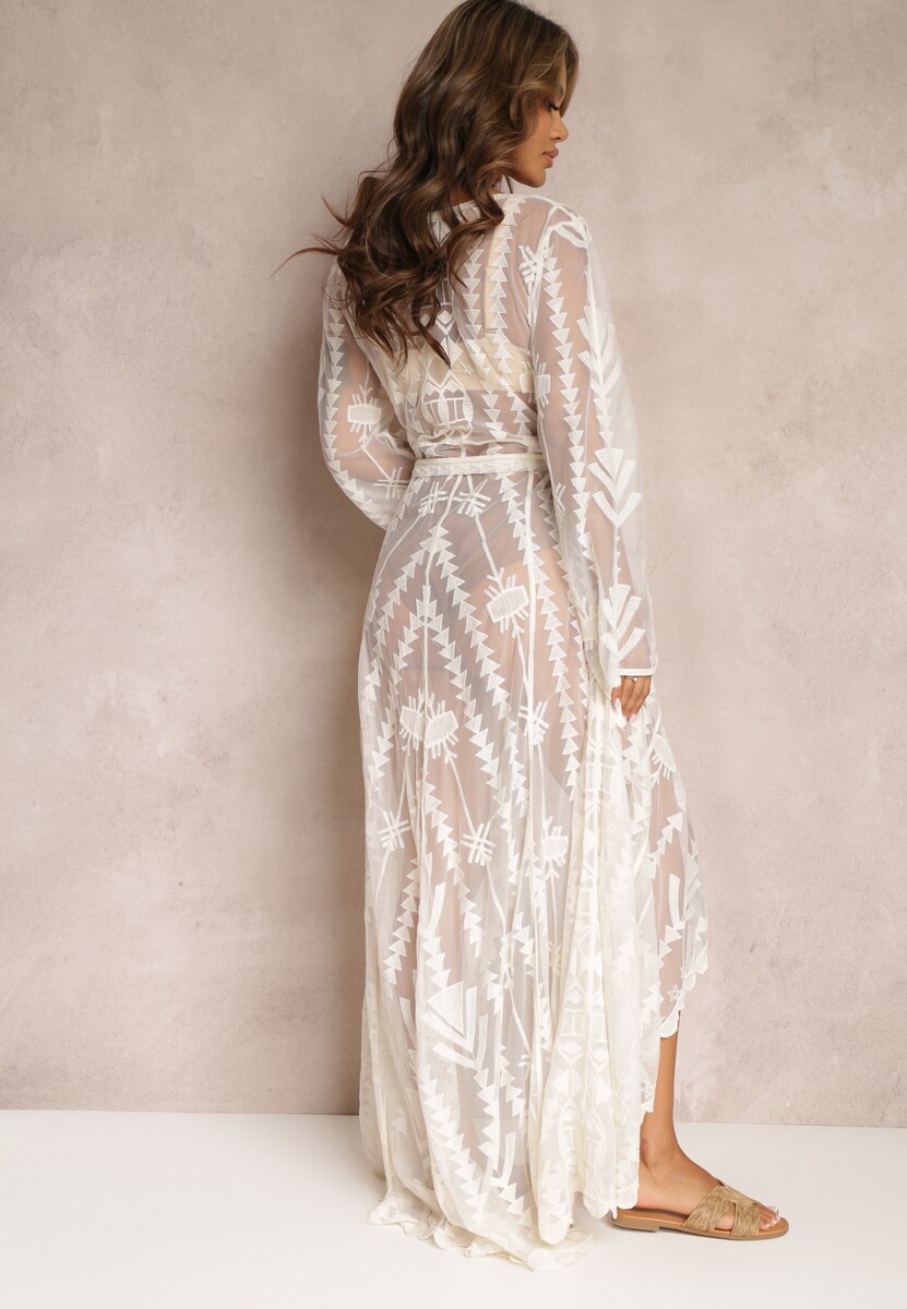 Jasnobeżowa Koronkowa Narzutka Sukienka Maxi z Głębokim Dekoltem i Długimi Rękawami Brianie