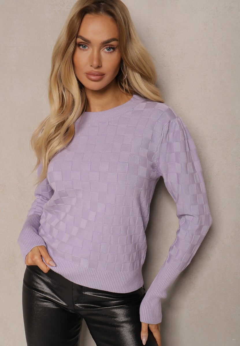 Szary Sweter z Modalem i Wiskozą Ozdobiony Tłoczeniem Liliti