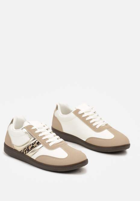 Ciemnobeżowe Casualowe Sneakersy z Geometrycznymi Wzorami i Kontrastowymi Przeszyciami Riandrea