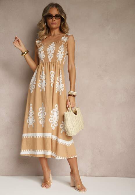 Ciemnobeżowa Rozkloszowana Sukienka z Wiskozy z Ornamentnym Motywem Aloxe
