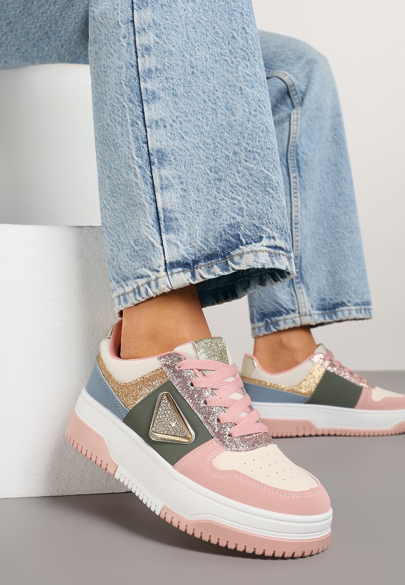 Różowo-Zielone Sneakersy z Perforacją Cyrkoniami i Brokatem Tillidara