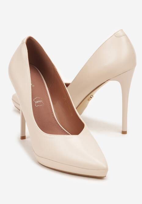 Jasnobeżowe Szpilki Vices na Grubej Podeszwie z Wkładką ze Skóry Naturalnej Ahrrie