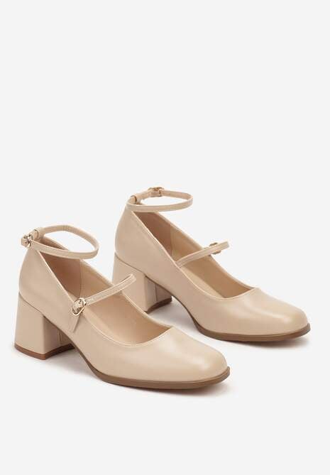 Beżowe Czółenka w Stylu Mary Jane na Obcasie Erimara