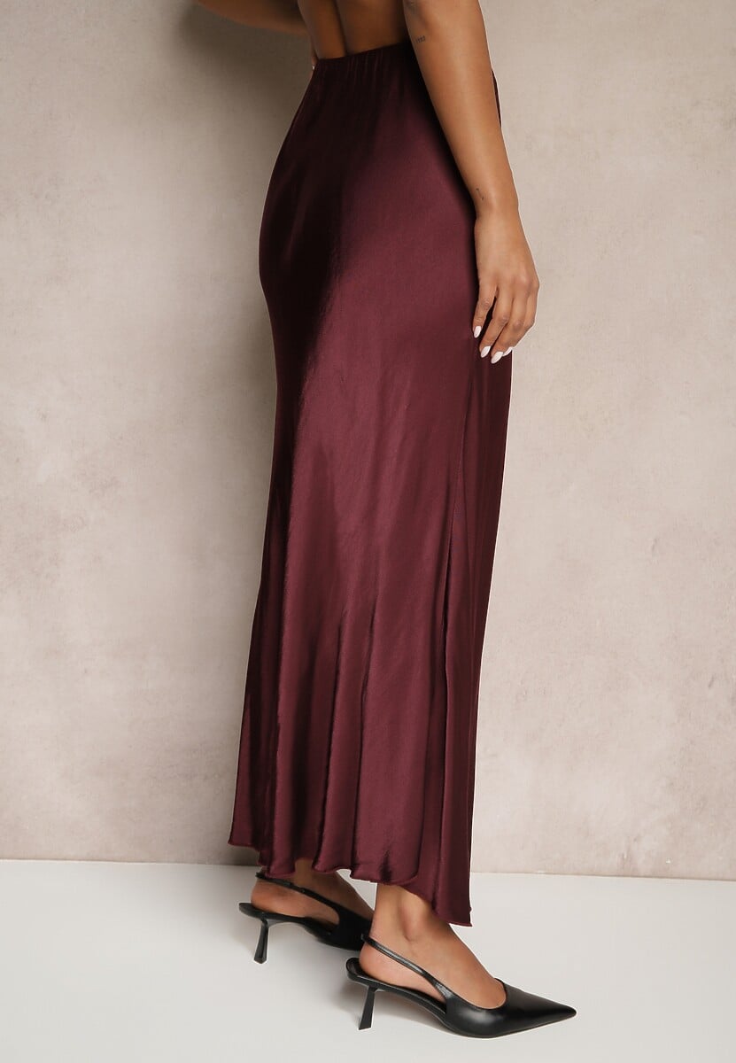 Bordowa Rozkloszowana Spódnica Satynowa z Wiskozy Rihaniel