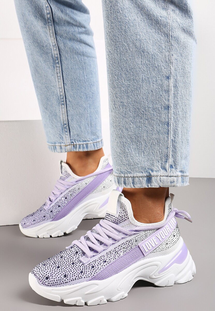 Fioletowe Sneakersy z Błyszczącymi Cyrkonami i Napisem Halerin