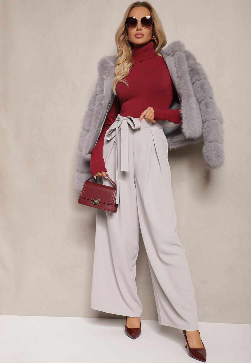 Szare Eleganckie Spodnie w Garniturowym Stylu High Waist Ozdobione Paskiem w Talii Wenelsea