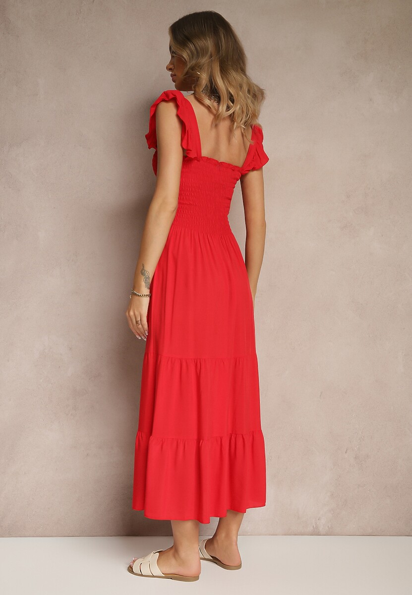 Czerwona Sukienka z Bawełny na Ramiączkach Ozdobiona Falbanami i Gumkami Mevalys