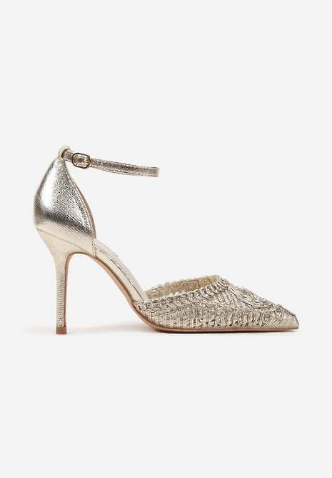 Złote Sandały na Szpilce z Plecioną Cholewką Finlexia