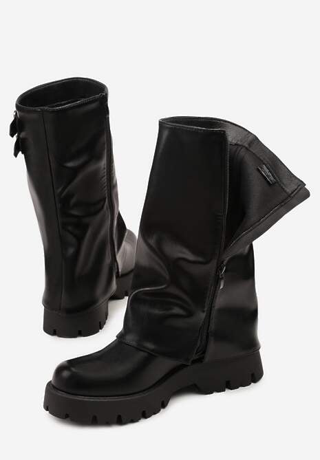 Czarne Botki Biker na Platformie z Wywiniętą Cholewką z Suwakiem i Klamerkami Selade