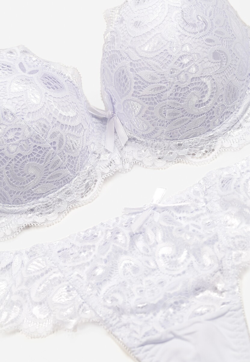 Biały Komplet Bielizny Koronkowej Biustonosz i Stringi z Kokardkami Naselle