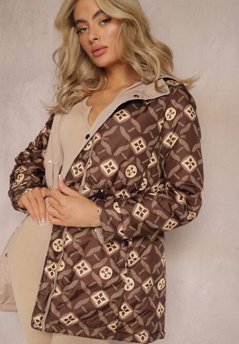 Jasnobeżowa Kurtka Dwustronna z Kapturem i Sznurkiem w Talii Divinza