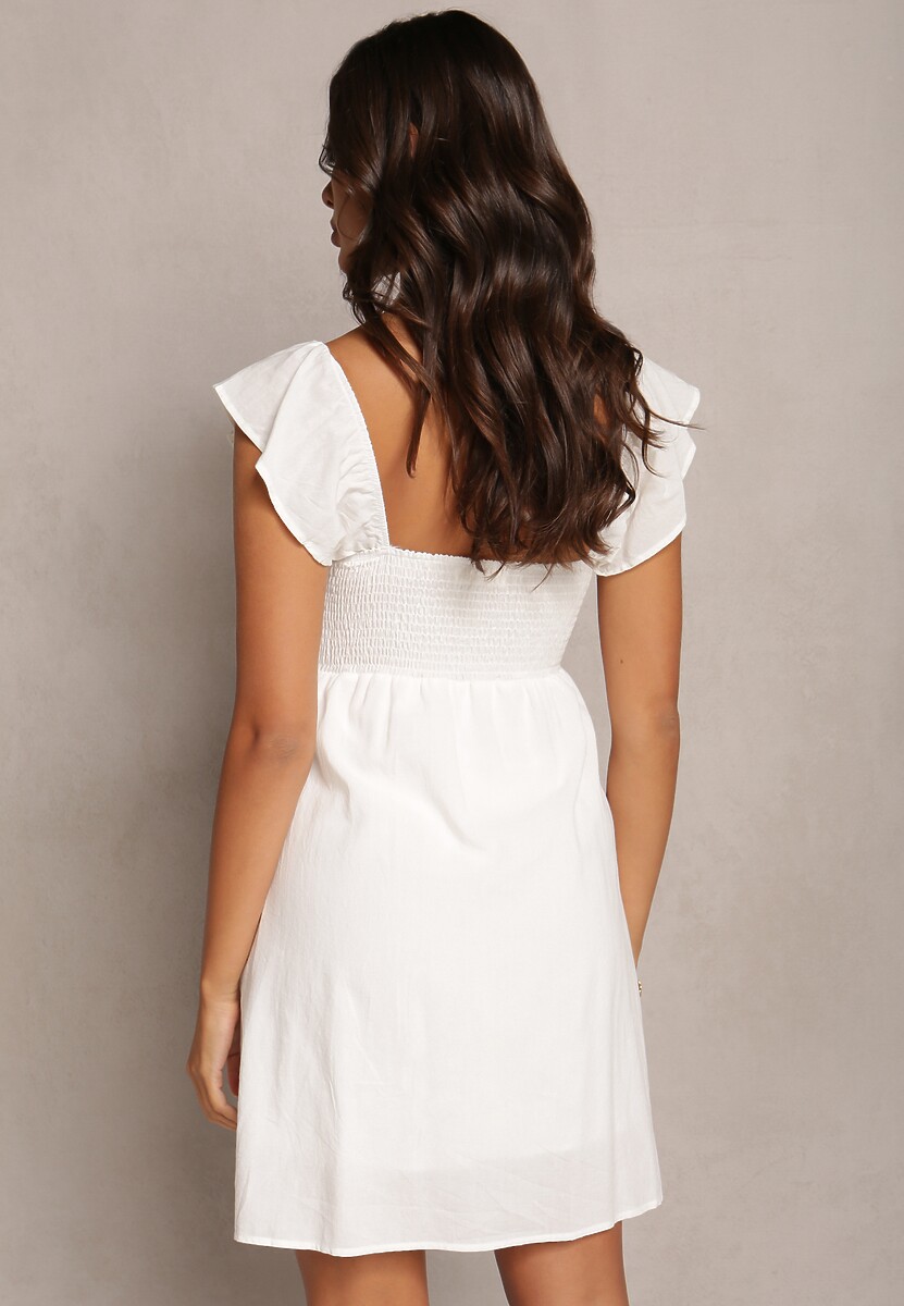 Biała Rozkloszowana Bawełniana Sukienka Mini z Krótkim Rękawem i Wycięciem pod Biustem Tremael