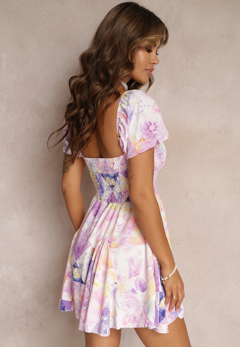Fioletowa Rozkloszowana Sukienka Mini z Krótkimi Rękawami i Cienkimi Gumkami Evelilles