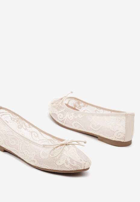 Beżowe Koronkowe Balerinki Zdobione Delikatną Kokardką Senariana
