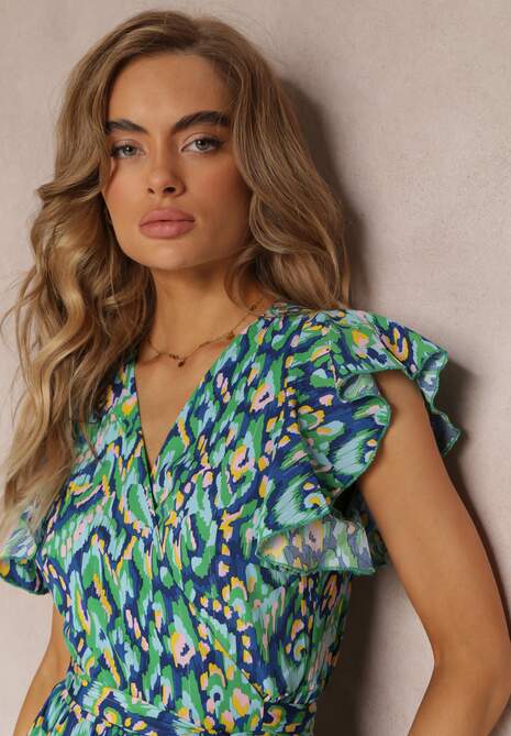 Granatowo-Zielona Rozkloszowana Sukienka Maxi z Metaliczną Nitką i Szerokim Paskiem Xisa