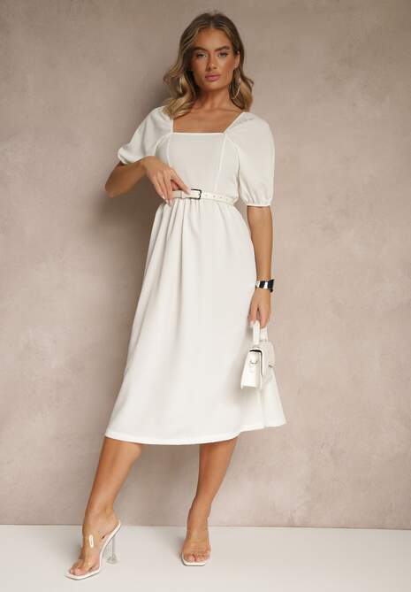 Biała Sukienka o Rozkloszowanym Kroju Ozdobiona Bufiastymi Rękawami Kolalira