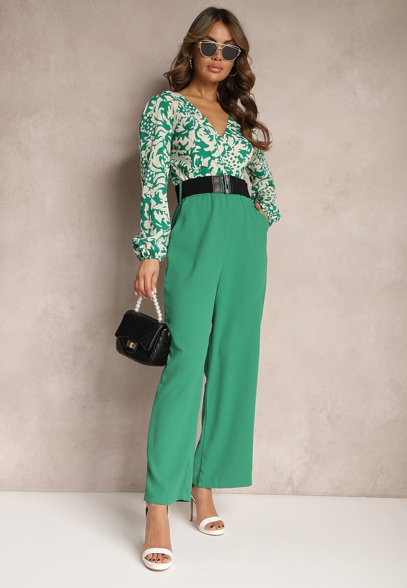 Zielono-Biały Kombinezon w Print z Paskiem i Szerokimi Nogawkami Stuvana