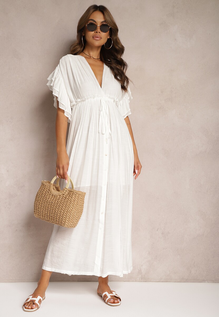 Biała Bawełniana Sukienka z Gumką w Talii i Falbankami Rivatia