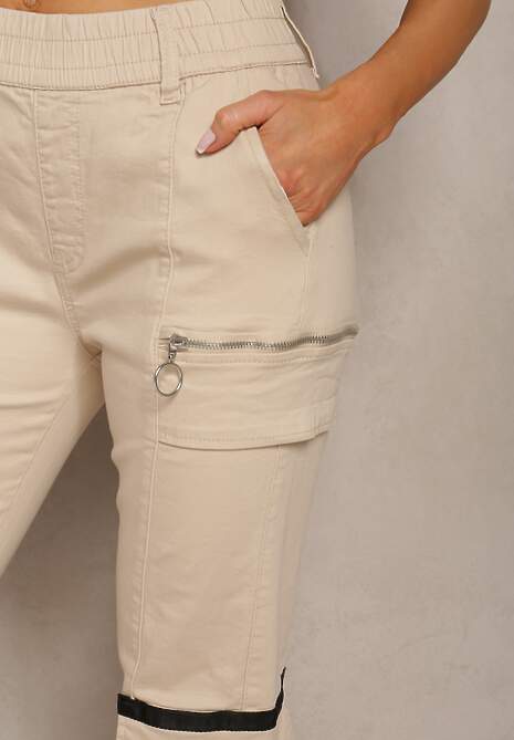Jasnobeżowe Spodnie z Bawełny o Fasonie Joggerów z Metalicznym Suwakiem na Boku Acrabra
