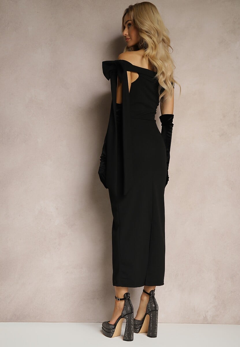 Czarna Dopasowana Sukienka z Dekoltem Hiszpanką i Kokardą na Ramieniu Emirianne