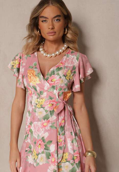 Różowa Kopertowa Sukienka w Kwiaty Atesalia
