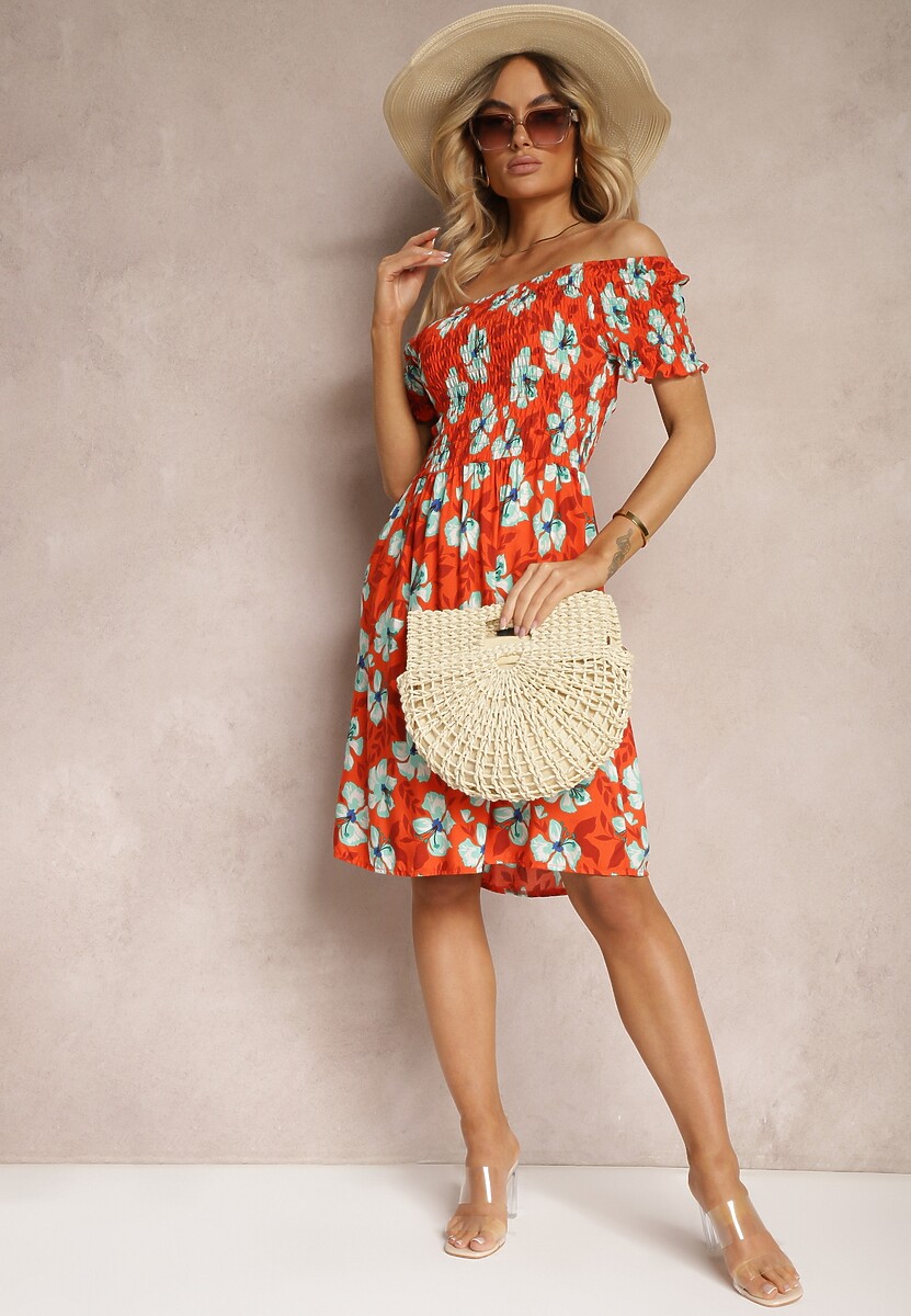 Pomarańczowa Rozkloszowana Sukienka Hiszpanka z Gumką w Talii w Kwiaty Nametris