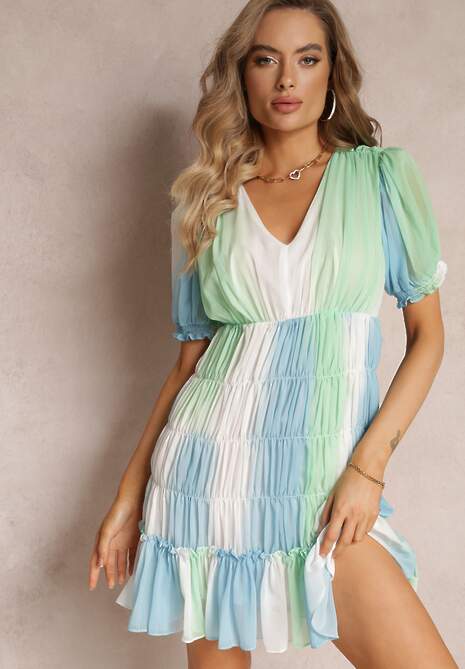 Zielona Sukienka Mini z Rozkloszowanym Dołem i Falbankami Cointa