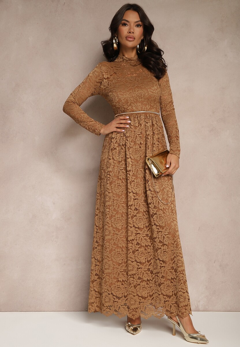 Beżowa Koronkowa Sukienka o Rozkloszowanym Kroju ze Stójką i Gumką w Pasie Delidra