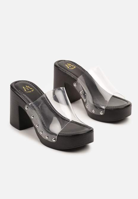 Czarne Transparentne Klapki na Obcasie i Platformie z Nitami Rivfia