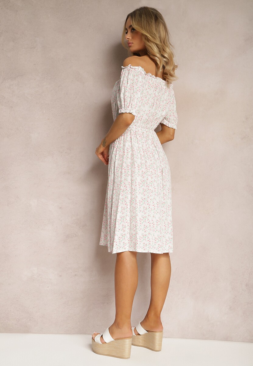 Biała Wiskozowa Sukienka Midi w Kwiatowy Wzór z Hiszpańskim Dekoltem Agirala