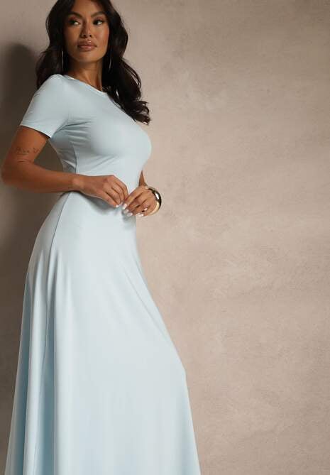 Jasnoniebieska Taliowana Sukienka z Krótkim Rękawem Liranisea