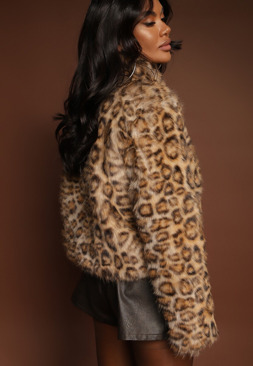 Brązowa Panterkowa Kurtka Futerko z Wiskozą Serintinnia