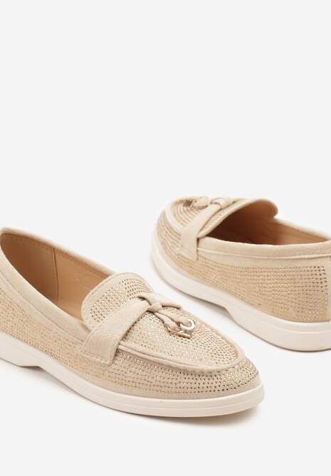 Beżowe Mokasyny z Cholewką z Cyrkoniami Zdobione Aplikacją Tenurea