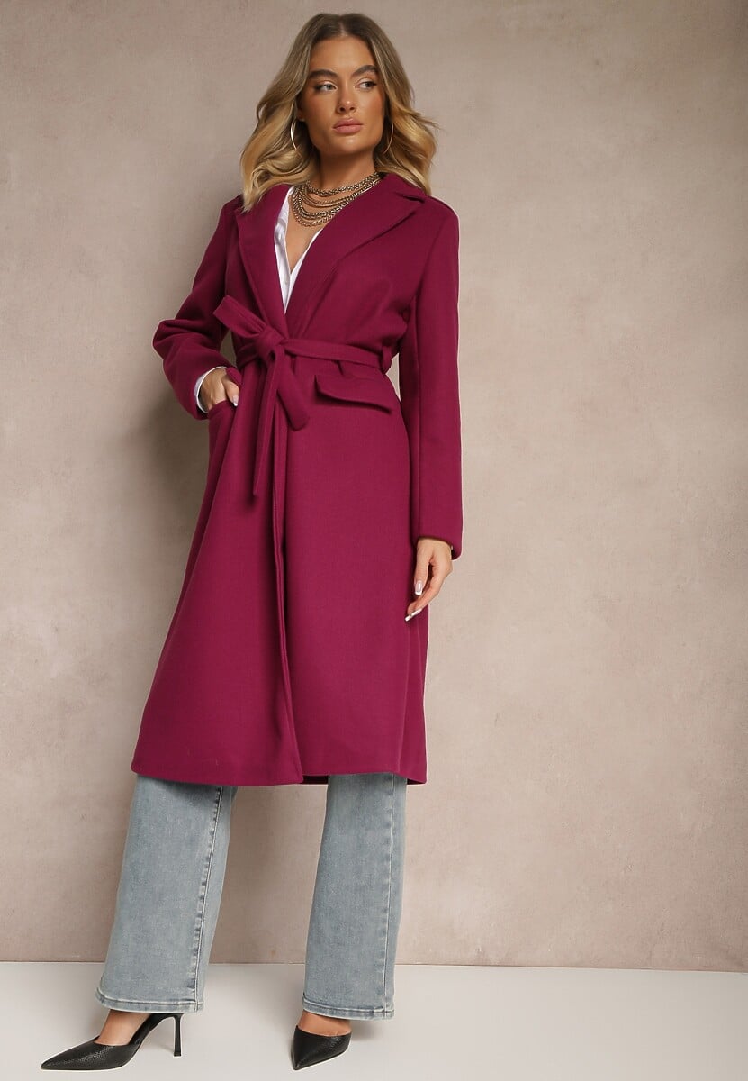 Fioletowy Taliowany Płaszcz z Wiązanym Paskiem Seraphique