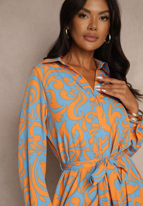 Niebiesko-Pomarańczowa Sukienka Koszulowa Maxi z Materiałowym Paskiem w Abstrakcyjny Print Lirans