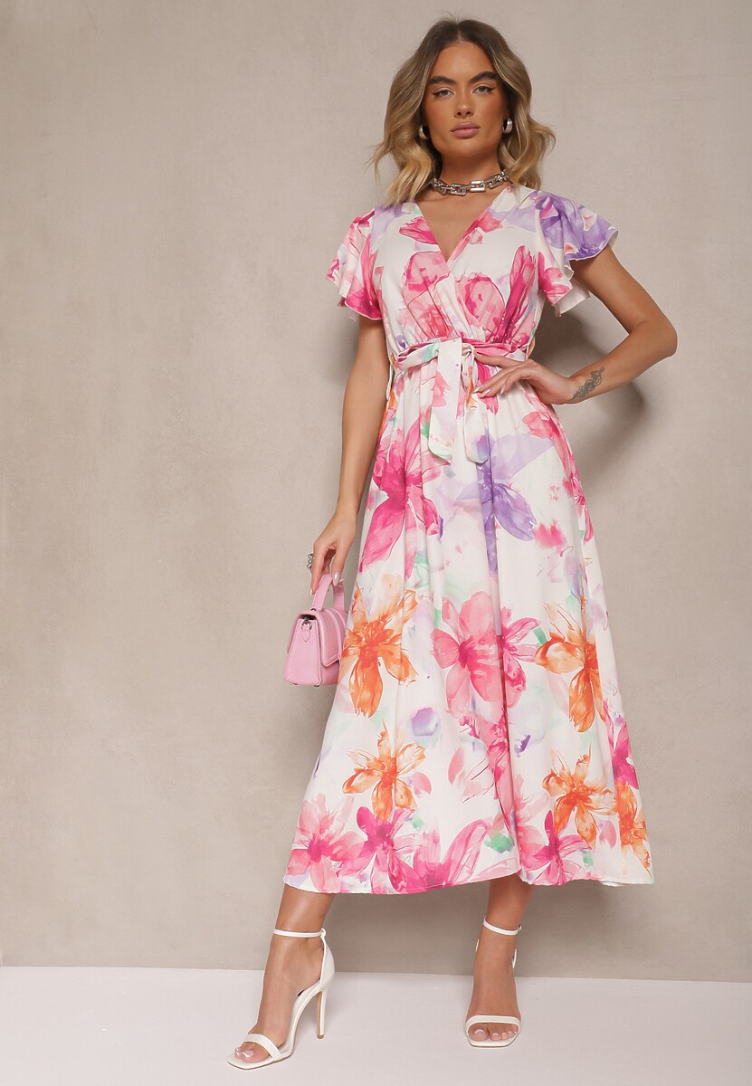 Fuksjowa Kopertowa Sukienka z Wiązanym Paskiem w Kwiatowy Wzór Redellira