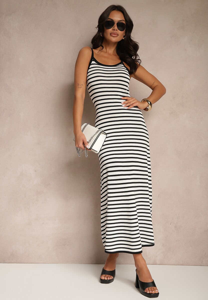 Biała Sukienka z Wiskozy na Ramiączkach Zdobiona Printem w Prążki Zalirana