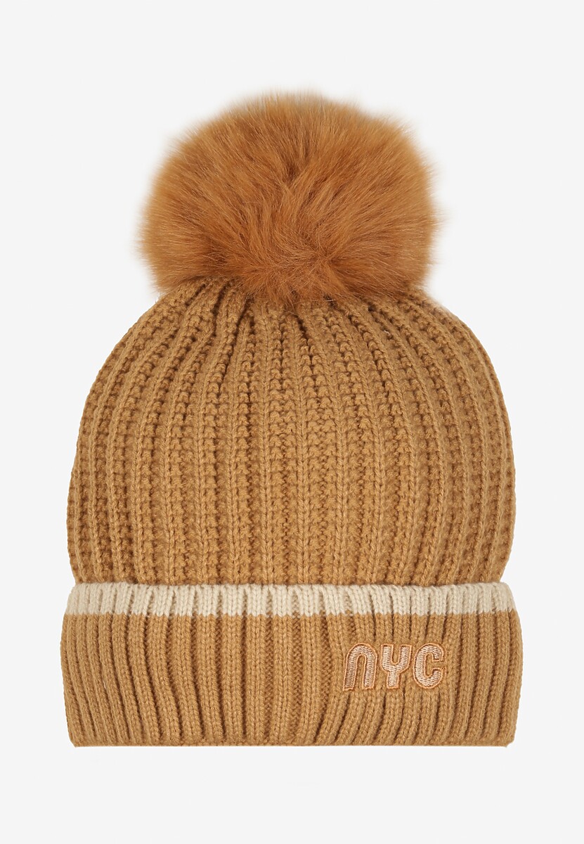 Beżowa Prążkowana Czapka z Pomponem Edavira