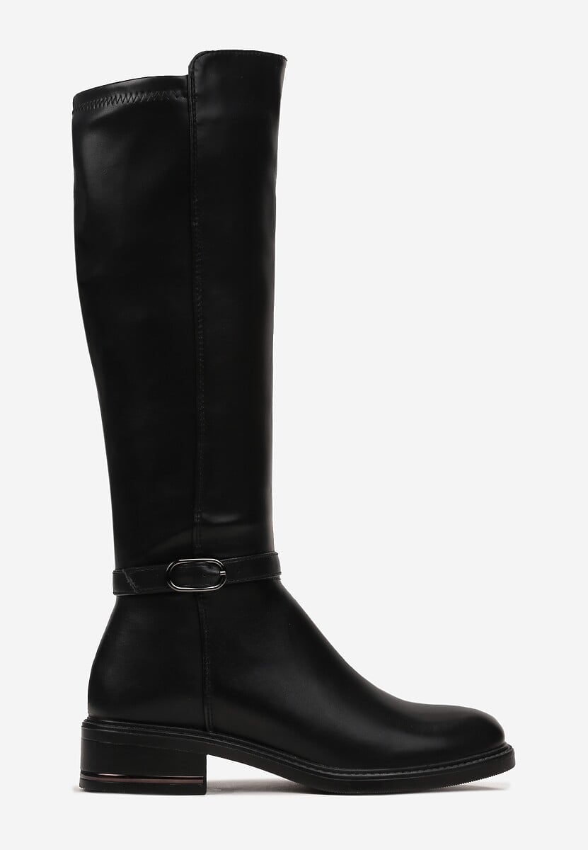 Czarne Kozaki na Płaskim Obcasie Muszkieterki z Klamrą Callela