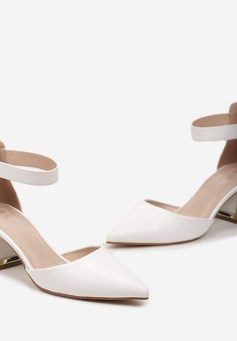 Białe Czółenka na Ozdobnym Słupku z Noskiem w Szpic i Paskiem Przy Kostce Venelia