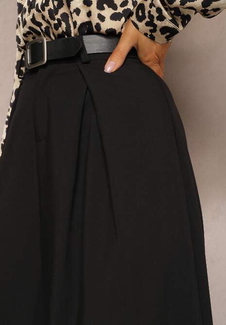 Czarne Szerokie Spodnie w Stylu Palazzo z Paskiem Detalia