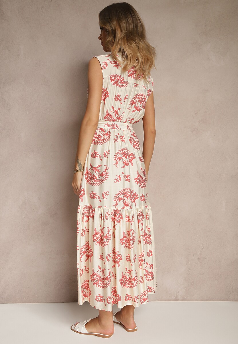 Beżowo-Różowa Sukienka z Wiskozy z Paskiem i Abstrakcyjnym Wzorem Rinalora